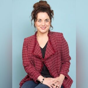 Kasper Red Blazer with Frilled Lapel and Plaid Pattern